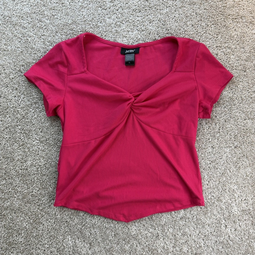 Just Polly Shirt Womens XL Pink Square Neck Ruched Front Ribbed Knit Tee T-Shirt